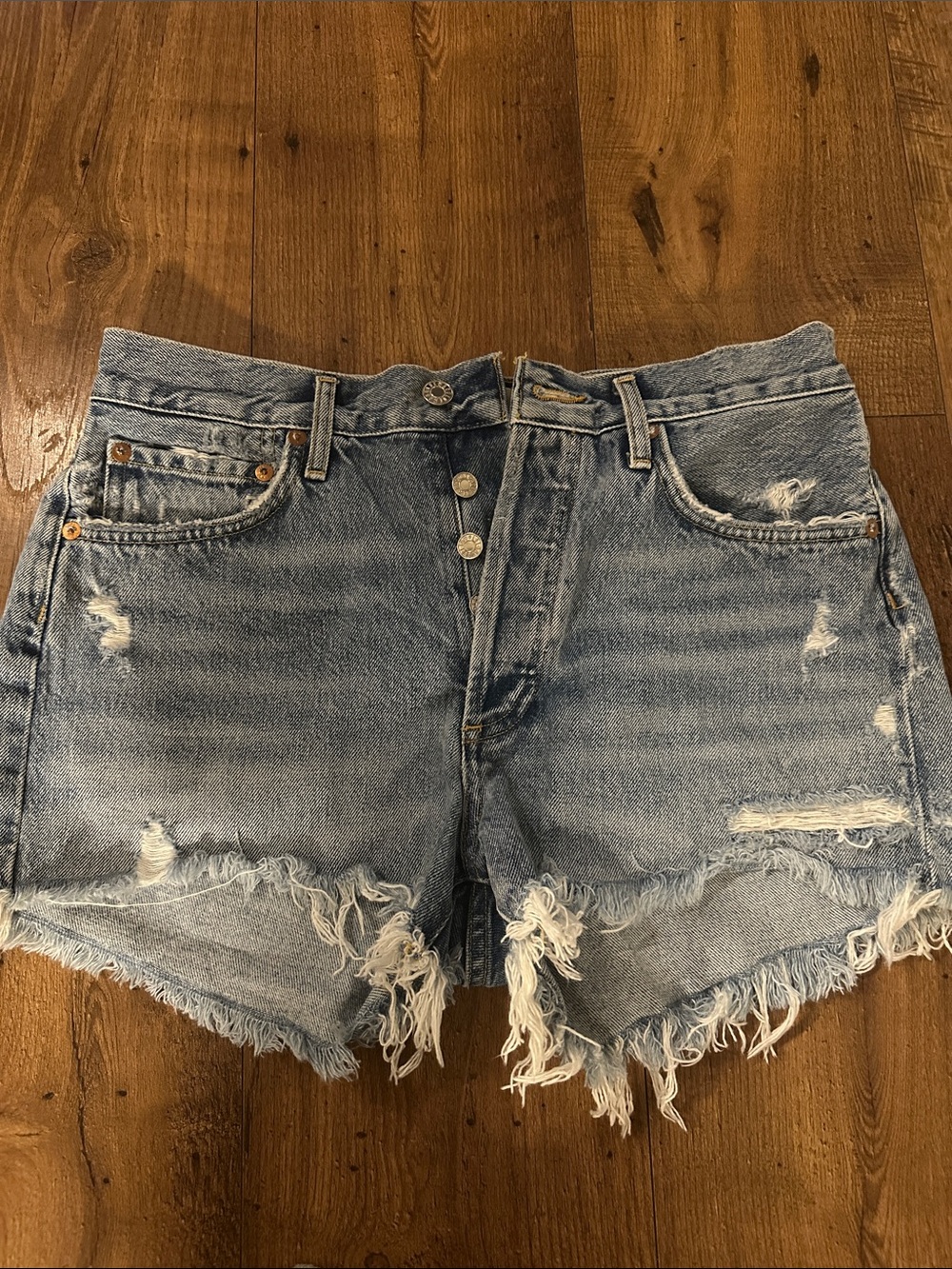 NWOT Agolde Light Blue Distressed Denim Shorts